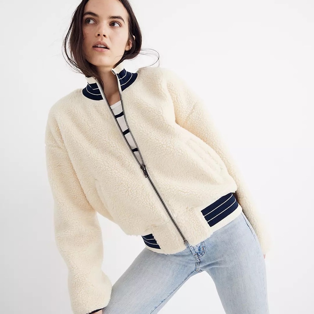 Madewell Sherpa Varsity Bomber Jacket Boxy Teddy Cream Small